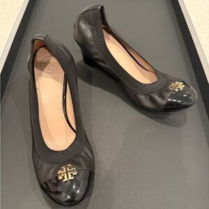 Tory Burch Black Leather Wedges with Gold Accent